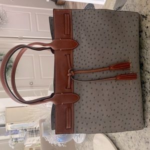 Dooney & Bourne Gray Ostrich Laptop Tote with Tan Trim